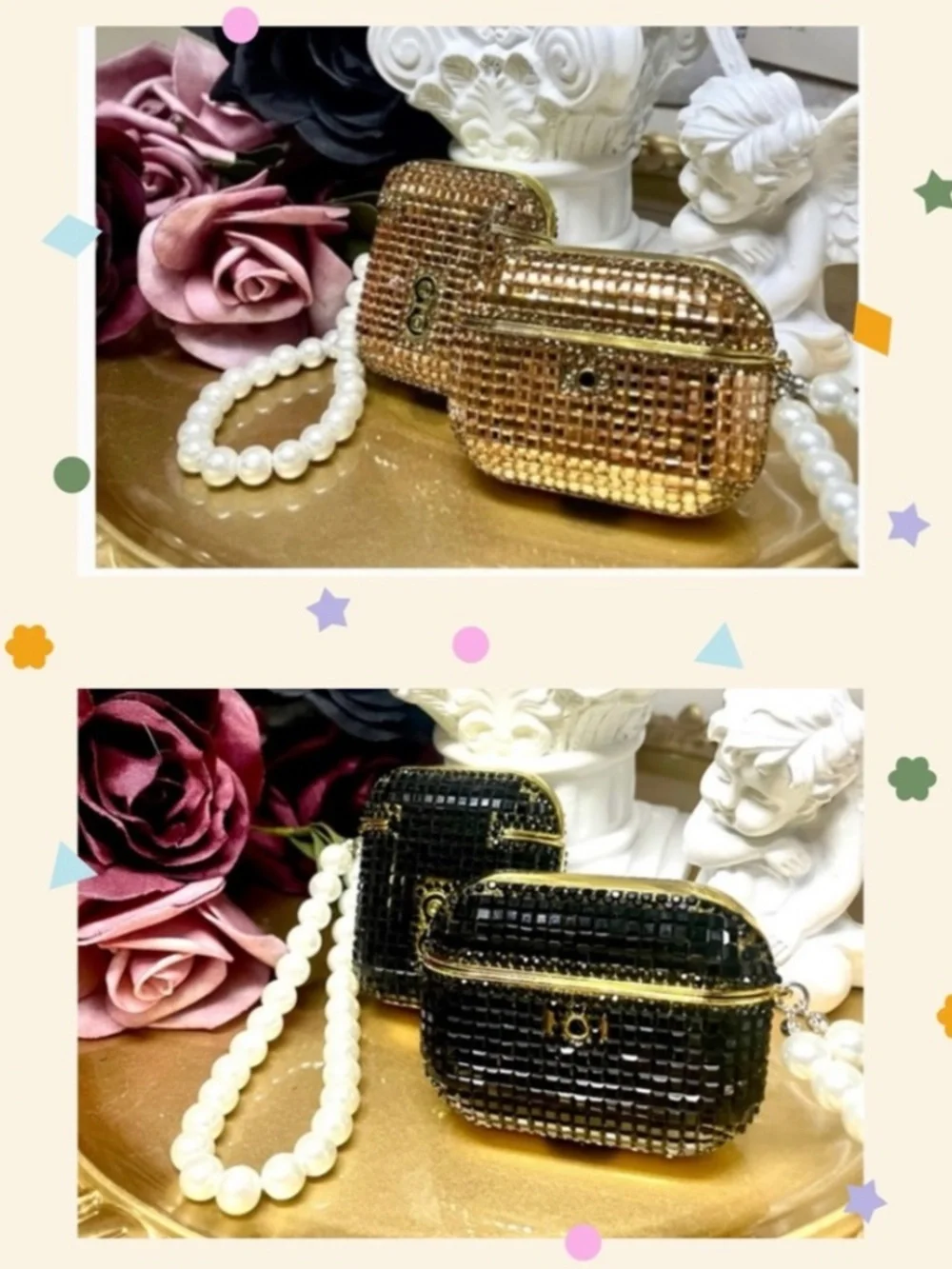 2 items.AirPods 1/2/PRO1 luxury Rhinestone bling Case with pearl chain